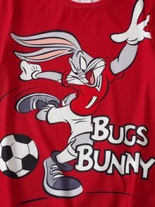 LOONEY TUNES X SHEIN Bộ đồ casual cho bé trai tuổi tween gồm áo thun cổ tròn tay ngắn và quần short - Đỏ - Xem 4
