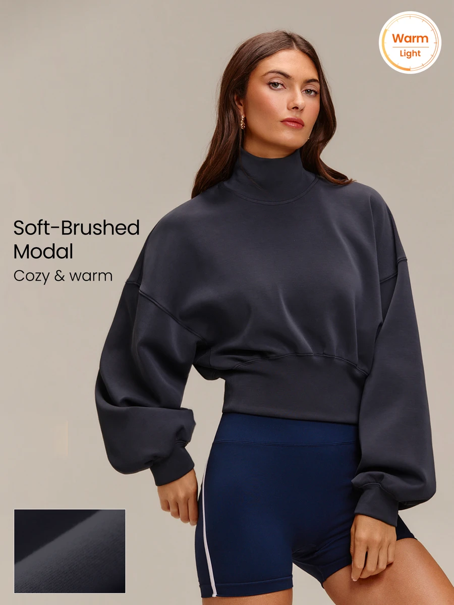 GLOWMODE Modal Soft Warm Curved Bubble Hem Waist Length Oversized Ribbed Cuffs High Neck Pullover Sweatshirt Daily - Iron Gray - View 1