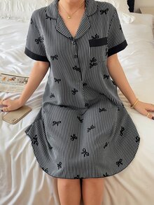 Napfluff 女款藍色蝴蝶結條紋短袖襯衫洋裝，可愛風格，舒適居家服 - 黑色 - 查看 6