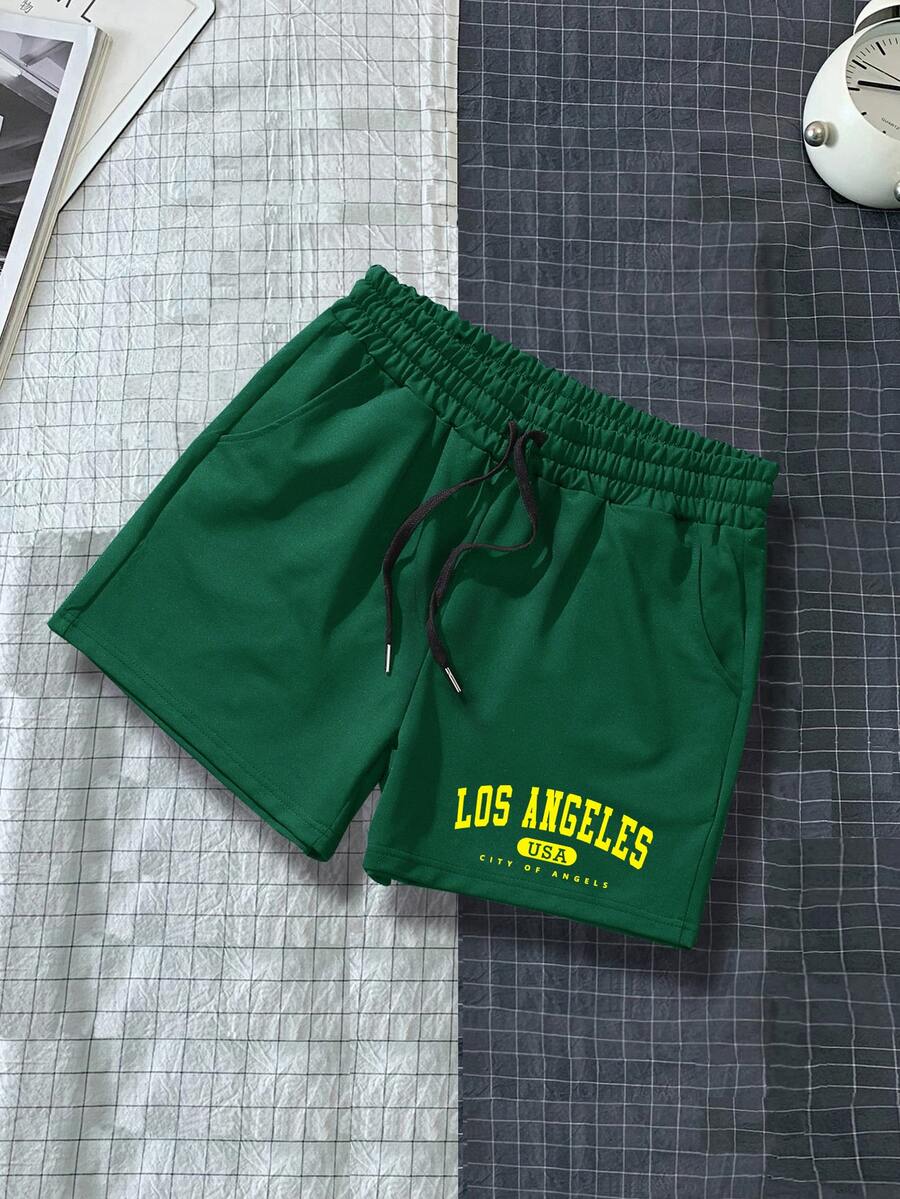 Manfinity Homme Men's Letter Print Drawstring Waist Pocket Shorts - Dark Green - View 1
