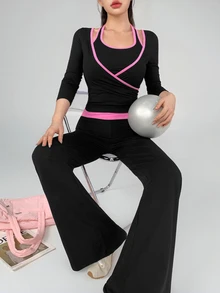 DAZY Women's Striped Colorblock Top And Pants Sports Set - Black - View 9