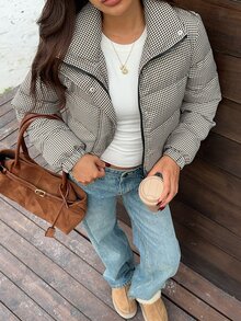 SHEIN EZwear 女款格紋長袖拉鍊休閒冬季夾克 - 咖啡棕 - 查看 4