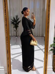 Auveirra Plus Size Women's V-Neck Waist Knot Design Contrast Mesh 3/4 Sleeve Elegant Dress - Multicolor - View 2