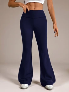 SHEIN Tall Women's Solid Color Slim Fit Versatile Daily Wear Flare Pants - Navy Blue - View 3