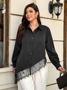 Easura Plus Size Women's Lace Patchwork Casual Daily Wear Blouse - Black - View 1