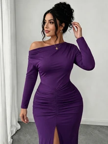 Elenzga Plus Size Elegant Fitted Sexy Cowl Neck Long Sleeve Bodycon Ruched Slit Dress Fall Christmas - Purple - View 5