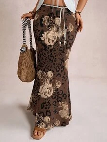 Freevana 女款棕色豹紋玫瑰印花高腰修身 A 字長裙，適合復古秋冬穿搭 - 棕色 - 查看 3