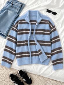 Sunspun Cardigan Wanita Ukuran Besar dengan Motif Garis-Garis Blok Warna dan Resleting, Cocok untuk Pakaian Musim Gugur/Musim Dingin - MultiWarna - View 4