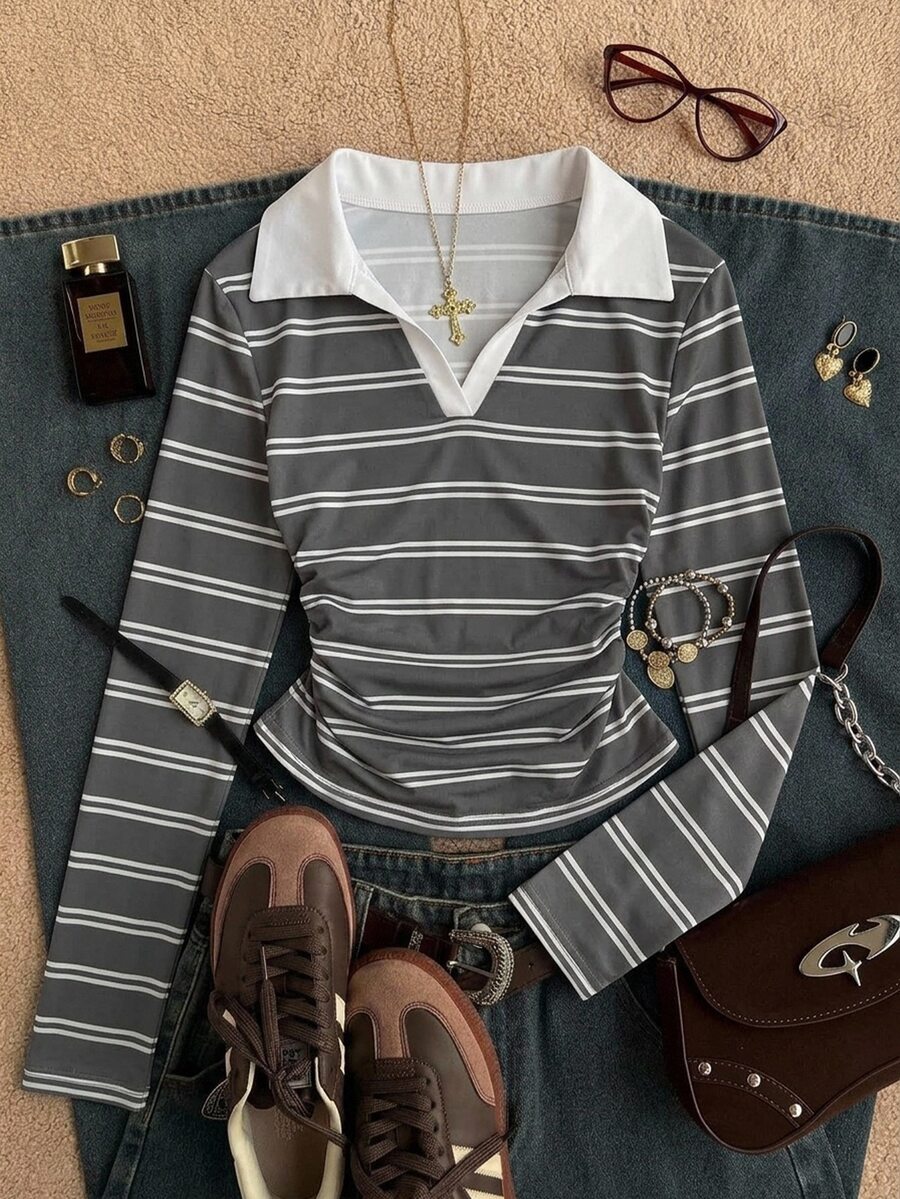 Attitoon Women's Patchwork Striped Contrast Color Collar Long Sleeve Casual T-Shirt - White - View 1