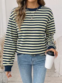 SHEIN LUNE Women's Striped Color-Block Sweatshirt,Fall Clothes For Women,Winter Clothes, Homecoming,Y2K,Casual - White - View 2