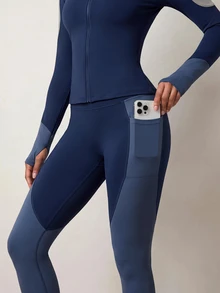 Zivah Women's Colorblock Zipper Long Sleeve Top And Leggings Casual Daily Sports Set - Multicolor - View 4
