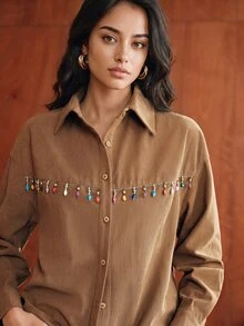 Anewsta Autumn Khaki Color Fashion Modern Commute Casual Patchwork Beaded Decor Corduroy Women's Shirt - Khaki - View 6