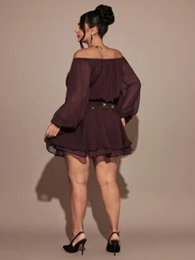 Gossip Girl X SHEIN SHEIN BAE CURVE Plus Size Women Solid Color Off-Shoulder Casual Everyday Summer Mini Dress,Red-Brown Mesh Off-Shoulder Deep V-Neck Lantern Long Sleeve Wide Waist - Coffee Brown - View 2