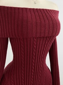 Elamini Minimalist Women's Autumn/Winter Red Long Sleeve Slim Fit Cable Knit Cold Shoulder Sweater Dress - Red - View 6