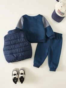 SHEIN 男嬰/幼兒 3件組秋冬保暖內裡加厚休閒可愛拼色拼接衛衣套裝，保暖內裡背心填充外套，嬰兒冬季套裝，刷毛加厚 - 藏蓝色 - 查看 2
