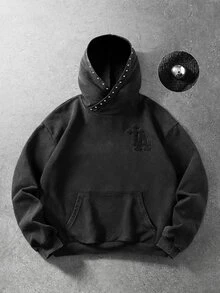 ROMWE MEN Street Life 男士重磅水洗做舊毛巾刺繡深色休閒連帽衛衣 - 黑色 - 查看 1