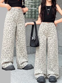 SHEIN 兒童青少年女孩豹紋寬腿鬆垮休閒牛仔褲，附口袋 - 彩色 - 查看 4