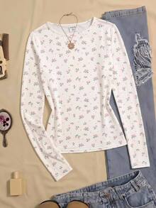 SHEIN 青少年女孩秋/冬休閒百搭粉色碎花圓領長袖T恤上衣，適合秋冬日常穿著 - 粉色 - 查看 4