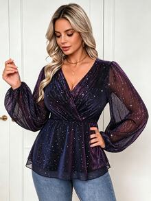 Cravure Plus Size Women's Autumn/Winter Shiny Fabric Cinched Waist A-Line Elegant Party Blouse - Multicolor - View 5
