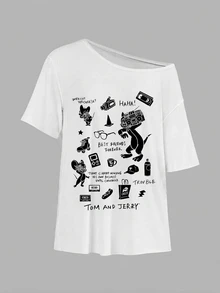 TOM & JERRY X SHEIN SHEIN EZwear 休閒極簡風大尺碼女款不對稱單肩短袖夏季字母印花T恤，適合外出、街頭穿搭、機場造型 - 白色 - 查看 2