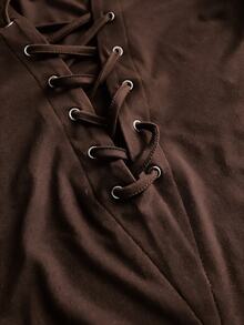 Rustia Plus Size Sexy Style Eyelet Lace-Up Long Sleeve T-Shirt - Brown - View 3