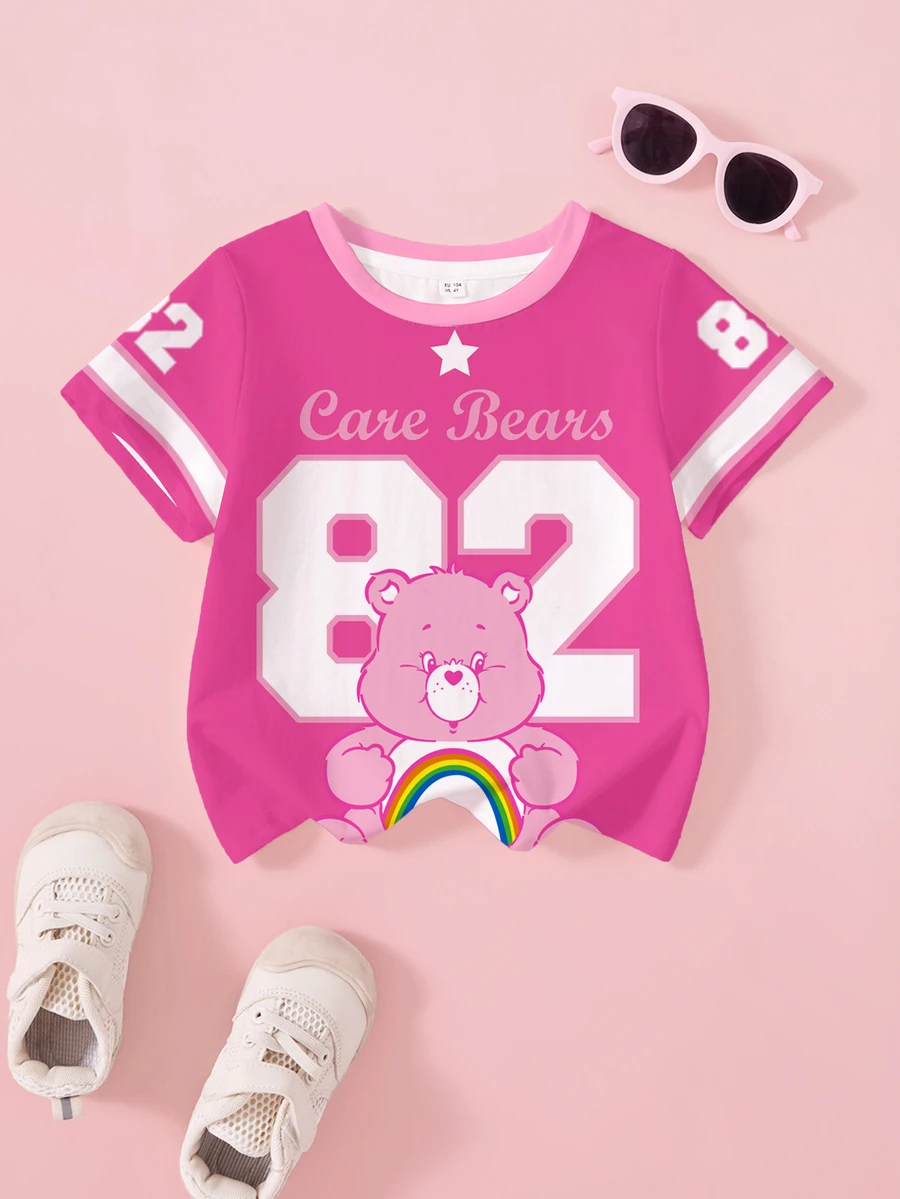 SHEIN X Care Bears Young Girl Digital Print Crew Neck Short Sleeve Casual T-Shirt - White - View 1