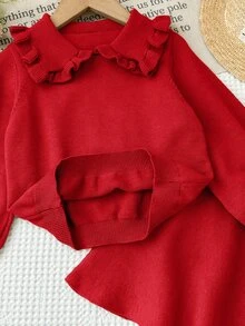 SHEIN 女童純色彼得潘領長袖毛衣與針織迷你裙可愛套裝，秋冬款 - 紅色 - 查看 4