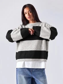 LYSMO Women's Round Neck Drop Shoulder Long Sleeve Casual Loose Striped Sweater - Multicolor - View 7