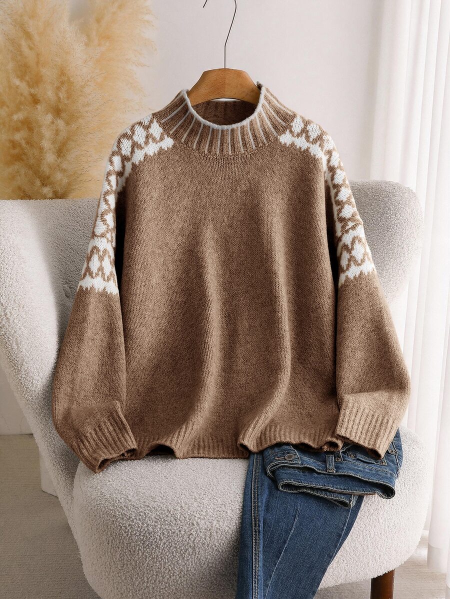 Lounesse 大尺碼女款對比色落肩長袖休閒正常鬆弛套頭針織衫，秋冬約會辦公米色 - 卡其色 - 查看 1