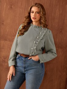 Roveilla Plus Size Vintage Corset Elegant Plaid Casual Versatile Ruffle Hem Pearl Button Decor Fall Long Sleeve Women's Blouse Office Brunch All White - Multicolor - View 7