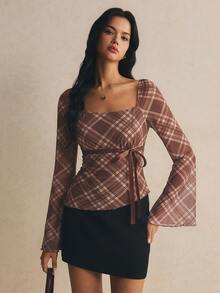 Poéselle Women's Plaid Square Neck Raglan Flare Sleeve Fashion Top - Brown - View 5