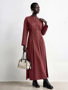 Aalyst Women's Front Design Accordion Pleated Linen Dress - Brown - View 5