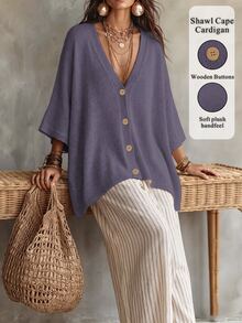 Linhara CURVE Plus Size Women Solid Color Knit Shawl Cardigan V-Neck Metal Button Suitable For Daily Casual Traditional Office Semi Formal Vacation Autumn Beige - Purple - View 1