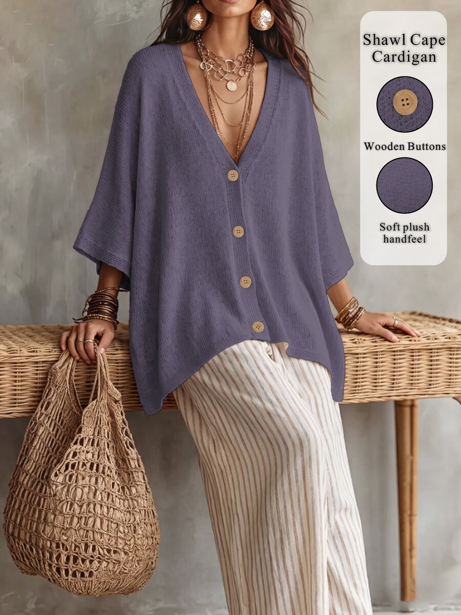 Linhara CURVE Plus Size Women Solid Color Knit Shawl Cardigan V-Neck Metal Button Suitable For Daily Casual Traditional Office Semi Formal Vacation Autumn Beige - Purple - View 1