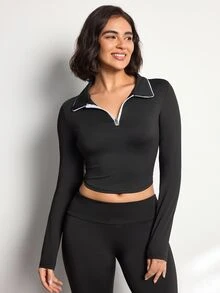 Easithlete Women's Half-Zip Long Sleeve Sports Polo Shirt - Black - View 1
