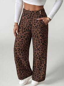 SHEIN EZwear Plus Size Women's Leopard Print Casual Wide Leg Pants With Waist Button Design - Brown - View 7