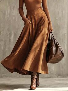 Glimmora Autumn/Winter Plus Size Women's Vintage Fashion Plus Size Flare Solid Color Pocket Skirt Fall - Burnt Orange - View 3