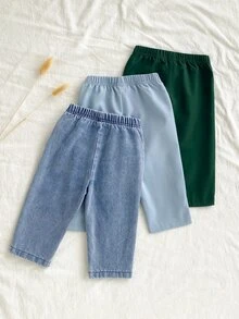 SHEIN Vintaside Kids 3件組男嬰直筒牛仔長褲，可愛學院風藍綠色，彈性腰頭抽繩設計，真牛仔布，休閒寬鬆版型，適合生日派對與秋季慢跑穿搭 - 彩色 - 查看 2