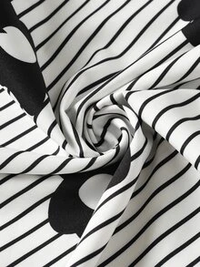 Linhara CURVE Plus Size Women's Autumn Casual Shirt With Lapel Collar, Raglan Sleeves, Striped Floral Print, For Daily Wear And Vacation - Black and White - View 9