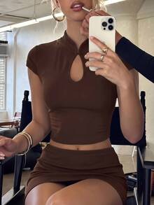 Opulessa Vacation Casual Solid Color Knit Slim Fit Top & Skirt Women 2 Pieces Set - Coffee Brown - View 2
