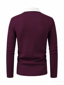 Manfinity Homme 男士對比色長袖 Polo 衫，老錢風黑白配色秋季商務休閒辦公背心，禮品、儀式適用 - 酒紅色 - 查看 2