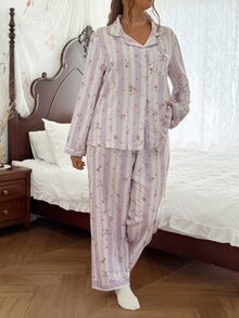 CottageSlumber Plus Size Romantic Striped Floral Print Petal Sleeve Collared Top And Long Pants Pajama Set - Mauve Purple - View 7
