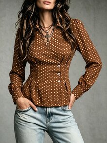 SHEIN PariChic Women's Polka Dot Casual Versatile Daily Wear Blouse - Brown - View 4