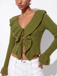 Aveloria GENKIRA Cardigan Slim Fit Crop Knit Large Ruffle Neck Double Tie Closure Bell Cuffs Modern Green Cardigan For Women Knit Fall Tops Crop Top Christmas - Green - View 1