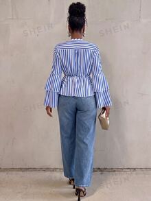 BamGlimmer Summer Autumn New Design, Deep V-Neck, Multi-Layer Ruffle Hem, Double-Layer Ruffle Sleeve Women's Blouse, Fashionable Vacation Casual Style, Suitable For Travel, Daily Wear, Back To School, Party And Gathering, Commute Versatile - Blue and White - View 2
