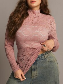 Freevana ملابس علوية وردية من الدانتيل برقبة عالية شفافة بنقشة زهور ضيقة بأكمام طويلة، طبقة أساسية أنيقة للمواعدة & المكتب في فصل الخريف - وردي - مشاهدة 7