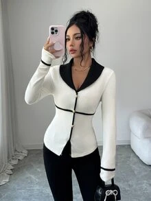 Elenzga French Style Black & White Colorblock Blazer Lapel Fuzzy Ribbed Single-Breasted Gold Button Cinched Cinched Waist Long Sleeve Top - Black and White - View 8