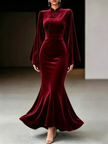 SHEIN Women's Autumn/Winter Solid Color Stand Collar Frog Button Long Sleeve Elegant Dress - Burgundy - View 5