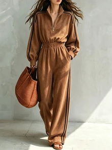 SHEIN جمبسوت نسائي رياضي عتيق من الشمواه باللون البني الكاكي، بياقة واقفة وسحاب أمامي وجيوب وتصميم كتل لونية، بأكمام طويلة، كاجوال وأنيق للشارع والتنقل، لفصلي الخريف والشتاء - بني - مشاهدة 1