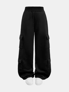SHEIN 青少年女孩黑色針織彈性多口袋工裝休閒保暖運動長褲 - 黑色 - 查看 3